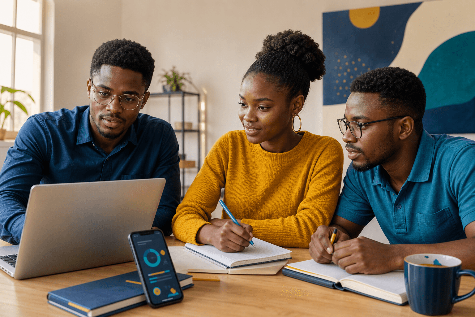 Jovens profissionais a aprender competências digitais com laptop e cadernos