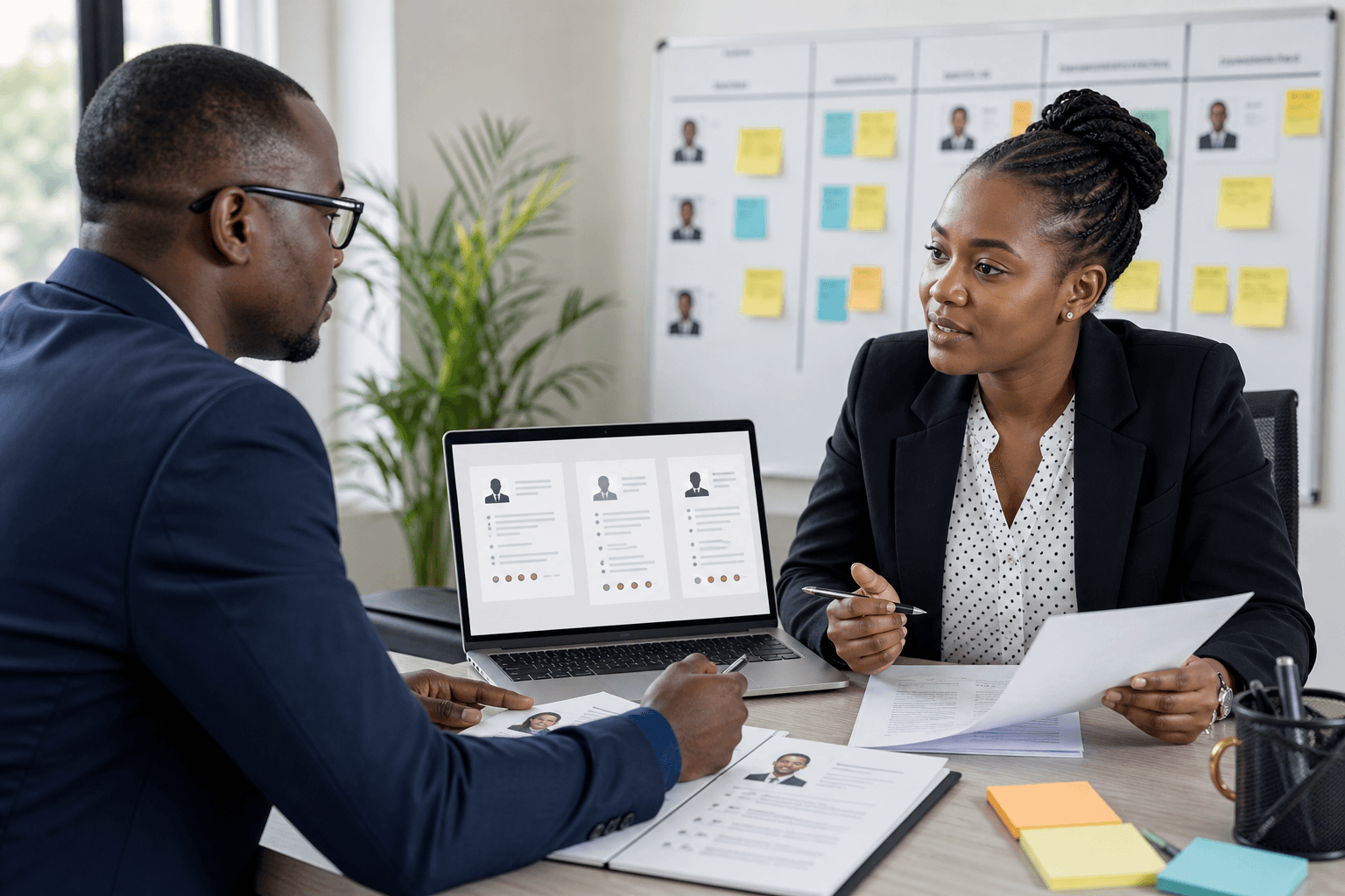 Profissionais de recrutamento a analisar candidaturas numa mesa de trabalho